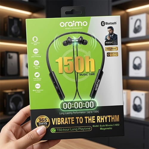 Oraimo-Buds-Wireless-3-Neo-Neckband.jpg Oraimo Buds Wireless 3 Neo: 150-Hour Playtime Heavy Bass Neckband - Image 1